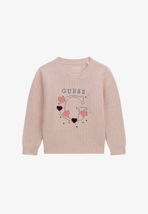 Suéter de punto rosa claro con un logo bordado de "GUESS", corazones en tonos rosas y burdeos, y un escote redondo.