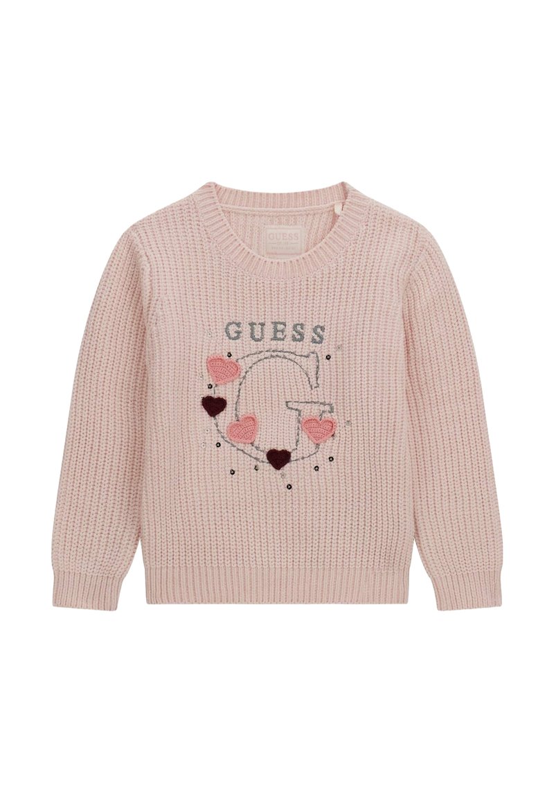 Maglione rosa chiaro a maglia con logo "GUESS" ricamato, cuori in tonalità di rosa e bordeaux, e scollo rotondo.