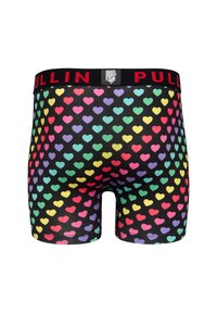 Boxer shorts pour hommes avec une base noire, présentant un motif de cœurs multicolores. Ceinture élastique avec le logo "PULL IN" en rouge. Matériau doux.