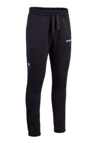 Schwarze Jogginghosen mit elastischem Bund, Kordelzug, Seitentaschen und kleinen weißen und türkisfarbenen Logos auf Oberschenkel und Waden.