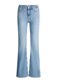 Lichtblauwe uitlopende spijkerbroek met hoge taille, knoop- en ritssluiting, voorzakken en rafelige zoom.