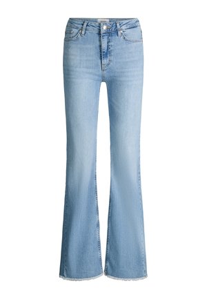 Lichtblauwe uitlopende spijkerbroek met hoge taille, knoop- en ritssluiting, voorzakken en rafelige zoom.