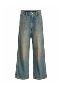 Široke modre traper hlače z izblijedelim izgledom, ki imajo sprednje žepe in raven kroj. Tkanina je teksturirana in nekoliko obrabljena.