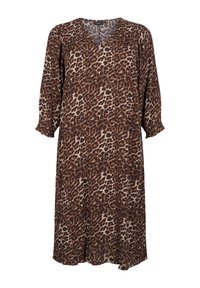 Brun og beige leopardmønstret kjole lavet af blødt stof, med V-udskæring og trekvartærmer, med en afslappet pasform.