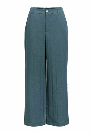 Pantalon large couleur bleu sarcelle avec tissu texturé, passants de ceinture, fermeture à bouton devant et poches latérales.
