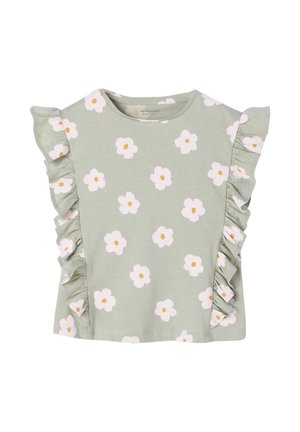 Light green toddler shirt with white and yellow flower prints and ruffled detailing along the sides and sleeves.