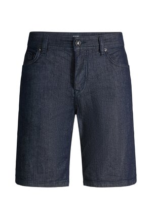 Shorts en denim bleu foncé avec fermeture à bouton et zip à l'avant, passants pour ceinture et poches avant, présentés sur un fond blanc.