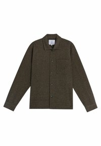 Bruine gestructureerde shirtjas met een kraag, voorzak en zwarte knopen. Lange mouwen en een rechte zoom maken het ontwerp af.