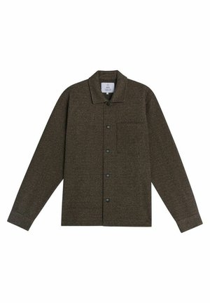 Bruine gestructureerde shirtjas met een kraag, voorzak en zwarte knopen. Lange mouwen en een rechte zoom maken het ontwerp af.