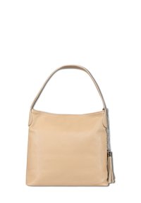 Sac à main en cuir beige avec une texture lisse, une seule bandoulière et une fermeture éclair latérale décorée d'une chaîne en argent et d'un pompon.