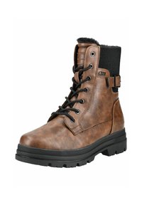 Bottine en cuir marron avec des accents en textile noir, des lacets, un détail de boucle et une semelle en caoutchouc robuste avec un motif de traction texturé.