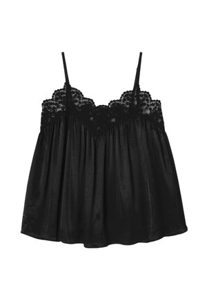 Camisole noire avec bretelles réglables, ornée d'une bordure en dentelle le long du décolleté, tissu doux et design fluide et décontracté.