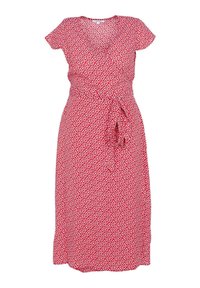 Rotes Wickelkleid mit kurzen Ärmeln, floralem Muster in Weiß, Stoffbänder an der Taille und einer knielangen, geraden Silhouette.