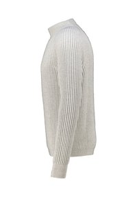 Maglione a coste grigio chiaro con design aderente, collo alto, tessuto testurizzato e maniche lunghe. Dettagli a coste su tutto il corpo e le maniche.