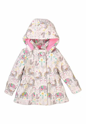 Wodoodporna dziecięca kurtka z kapturem, z różowym podszyciem, jasnoszarym tłem i zabawnymi wzorami zwierząt w różnych kolorach.