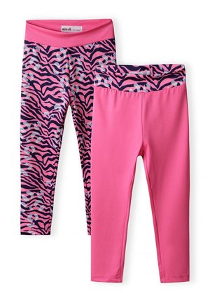 Zwei Leggins-Paare: eine rosa mit einem breiten Gummibund, die andere im pinken und marineblauen Zebramuster mit einem ähnlichen Bund.