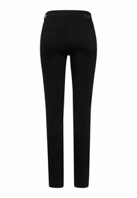 Pantalones negros ajustados con una textura suave, que cuentan con dos bolsillos traseros y una cinturilla de altura media. El diseño es estilizado y ceñido.