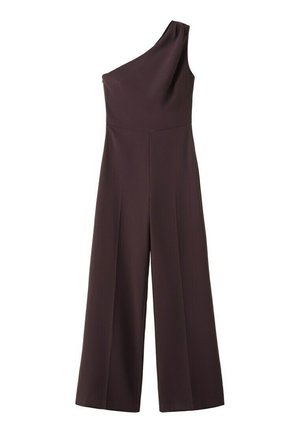 Mono marrón oscuro de un solo hombro con piernas anchas y cintura ajustada, diseño sin costuras y sin adornos visibles.