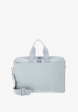 Sacoche pour ordinateur portable en tissu gris avec deux poignées de transport et une sangle d'épaule amovible. Dispose d'une fermeture éclair et d'un logo de marque embossé.