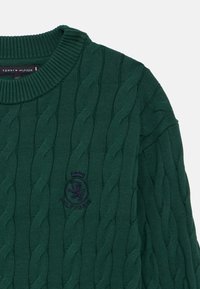 Zielony sweter z warkoczowym splotem, z rypsowym dekoltem okrągłym i granatowym akcentem logo. Posiada teksturowany wzór na całej powierzchni odzieży.