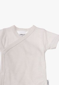 Short-sleeve baby bodysuit made of soft, light beige fabric with thin white stripes, featuring a wrap design and snap closures.
