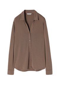 Camicia marrone a maniche lunghe con bottoni, colletto e una vestibilità rilassata, orlo curvo e consistenza morbida.