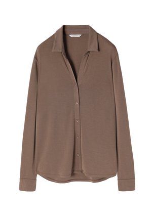 Camicia marrone a maniche lunghe con bottoni, colletto e una vestibilità rilassata, orlo curvo e consistenza morbida.