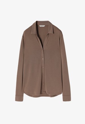 Brown long-sleeve shirt featuring a button-down front, collar, and a relaxed fit with a curved hem and soft texture.