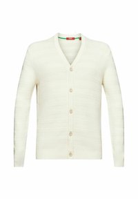 Cardigan en maille couleur crème avec manches longues, col en V, poignets côtelés et cinq boutons sur le devant au centre.