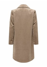 Korsettkappa i taupe-färg, med notchade kragar, långa ärmar och rak skärning med ribbad textur och en medellång design.