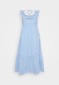Prugasta sundress s plavim i bijelim vertikalnim linijama, volanastim izrezom, detaljem za vezanje na stražnjoj strani i raširenim rubom. Materijal od mješavine pamuka.