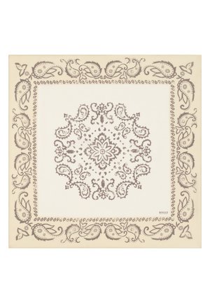 Écharpe carrée beige avec des motifs complexes de paisley gris et floraux au centre et le long de la bordure.