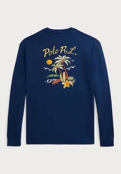 Navy long-sleeve shirt with embroidered tropical island, palm trees, surfboards, birds, and "Polo R.L." text on the back.