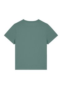 T-shirt met korte mouwen in een gedempte groene kleur. Gemaakt van zacht materiaal, het heeft een ronde hals en is onverzorgd zonder patronen of accenten.