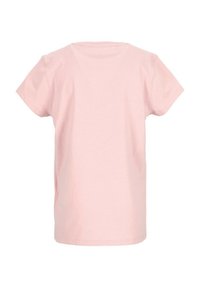 Rosa Baumwoll-T-Shirt mit kurzen Ärmeln, rundem Ausschnitt und glatter Textur. Keine sichtbaren Muster oder Akzente auf der Rückseite.