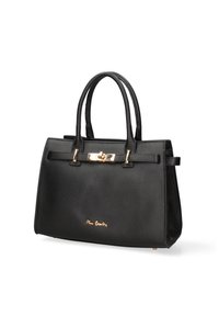 Borsa a tracolla in pelle nera con texture, due manici, chiusura a morsetto dorata e logo dorato "Pierre Cardin" sul fronte.