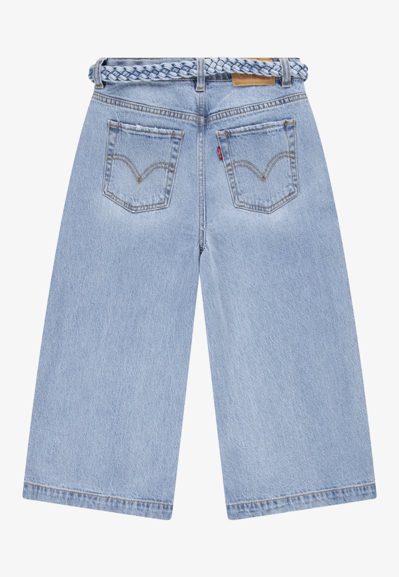 Culotte in denim azzurro chiaro con cintura intrecciata, dotati di due tasche posteriori e cuciture distintive. Taglio a gamba dritta e lunghezza alla caviglia.