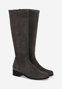 Knöchelhigh-Stiefel aus grauem Wildleder mit glatter Textur, ausgestattet mit einem Blockabsatz und seitlichen elastischen Einsätzen für eine enge Passform.
