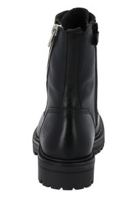 Svarta läderankelstövlar med en sidsdragkedja, gummisula och sömdekor. Slät yta med en logotyp på klacken.