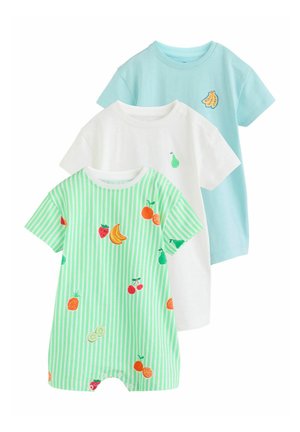 Három rövid ujjú baba rugdalózó; zöld csíkos gyümölcsmintákkal, egyszínű fehér körtével, és egyszínű világoskék banán folttal.