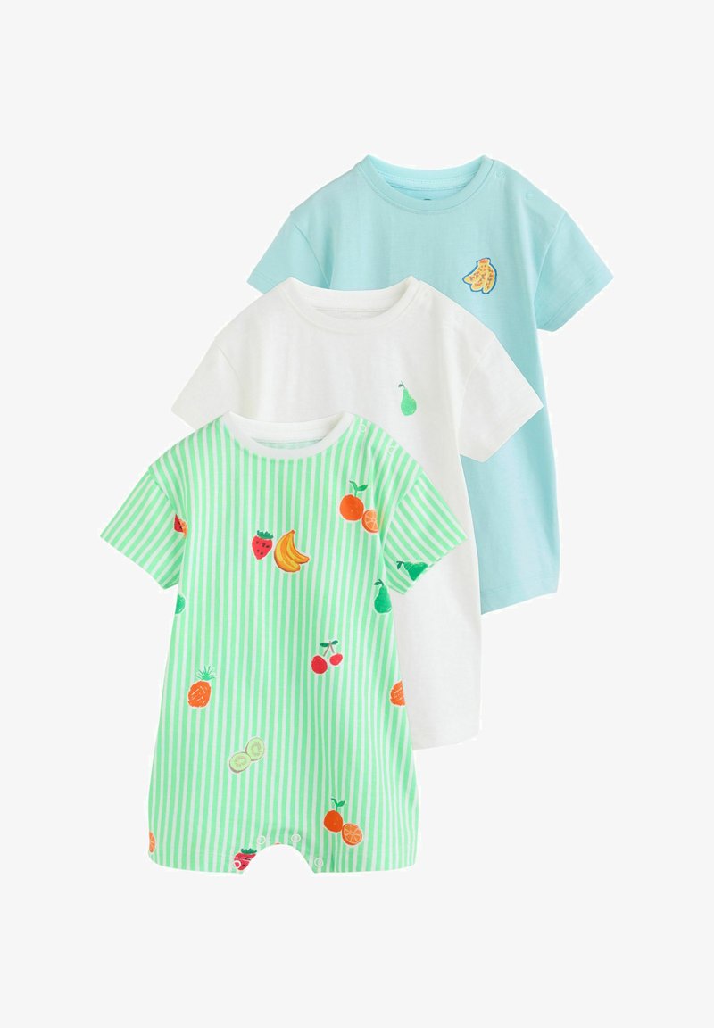 Trois grenouillères pour bébé à manches courtes ; rayée verte avec des imprimés de fruits, unie blanche avec une poire, et unie bleu clair avec un patch de banane.