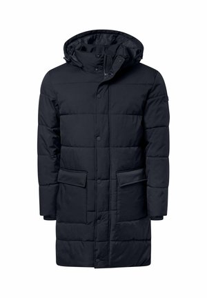 Schwarze isolierte Winterparka mit Kapuze, Frontreißverschluss und Druckknöpfen, zwei Klappentaschen und gestepptem Design.