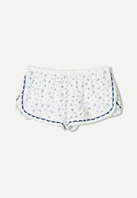 Vita shorts med ett litet blått blommönster, elastisk midja och marinblå vågformad kant längs kanterna.