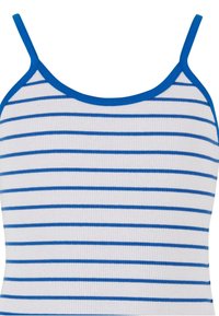 White ribbed tank top with thin straps and evenly spaced horizontal blue stripes across the fabric.