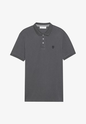 Dark gray polo shirt made of cotton, featuring a collared neck, three-button placket, and a small black embroidered logo on the chest.