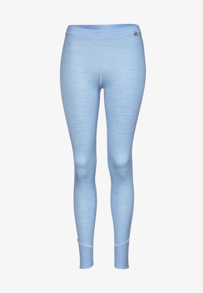 Lyseblå atletiske leggings med en glat, strækbar tekstur. Har en høj talje og-forstærket syning. Ingen synlige mønstre eller logoer.