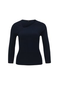 Marinblått ribbat stickat tröja med långa ärmar, asymmetrisk halsringning och åtsittande silhuett. Tillverkad i ett stretchigt, strukturerat tyg.