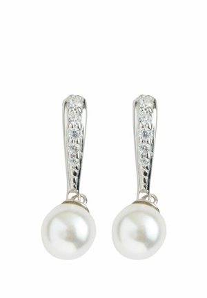 Silver lever-back earrings featuring a smooth white pearl and a row of small clear stones along the top for accent.
