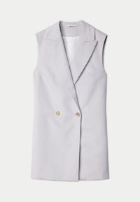Ärmellose graue Weste mit doppelreihigem Design, abgesteppten Revers und zwei goldenen Knöpfen. Weiche Textur, maßgeschneiderte Form und klare Linien.