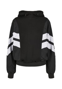 Czarna bluza z kapturem o luźnym kroju, z białymi paskami na rękawach, elastycznymi mankietami, kapturem ze sznurkiem i miękką fakturą materiału.